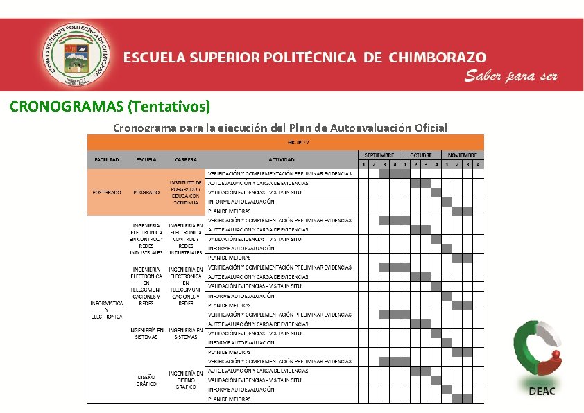  CRONOGRAMAS (Tentativos) Cronograma para la ejecución del Plan de Autoevaluación Oficial 