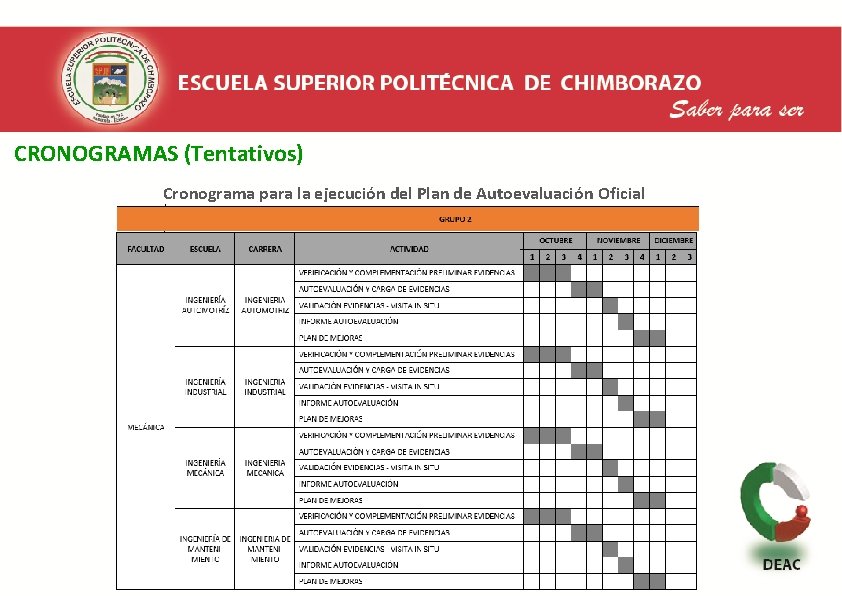  CRONOGRAMAS (Tentativos) Cronograma para la ejecución del Plan de Autoevaluación Oficial 