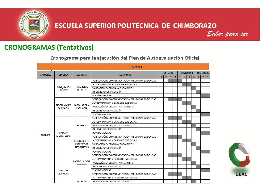  CRONOGRAMAS (Tentativos) Cronograma para la ejecución del Plan de Autoevaluación Oficial 