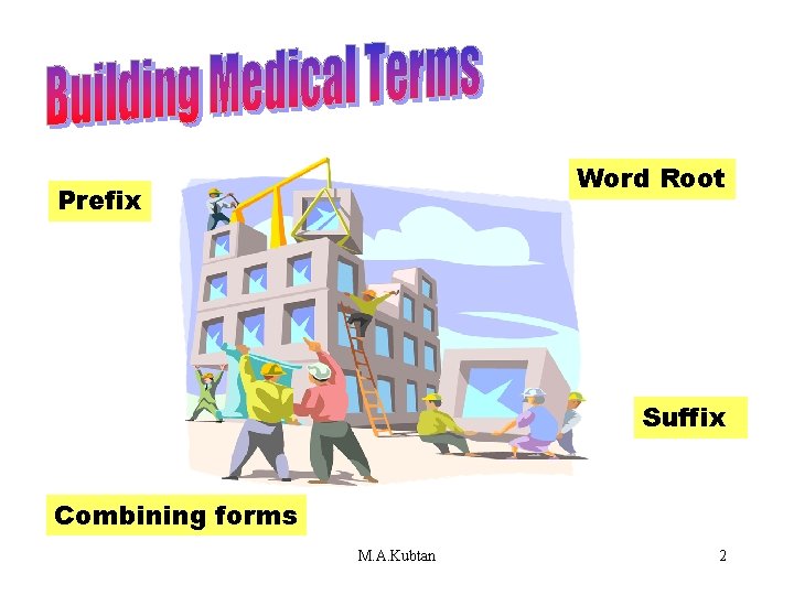 Building Medical Terms Word Root Prefix Suffix Combining forms M. A. Kubtan 2 