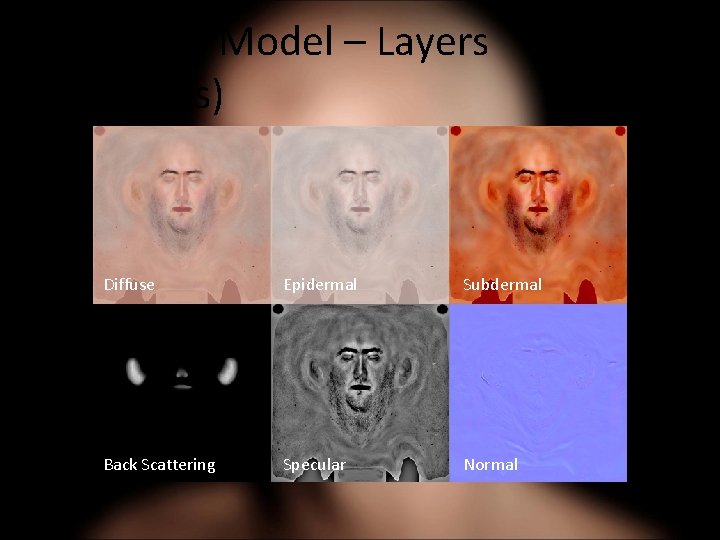 New Skin Model – Layers (Textures) Diffuse Epidermal Subdermal Back Scattering Specular Normal 