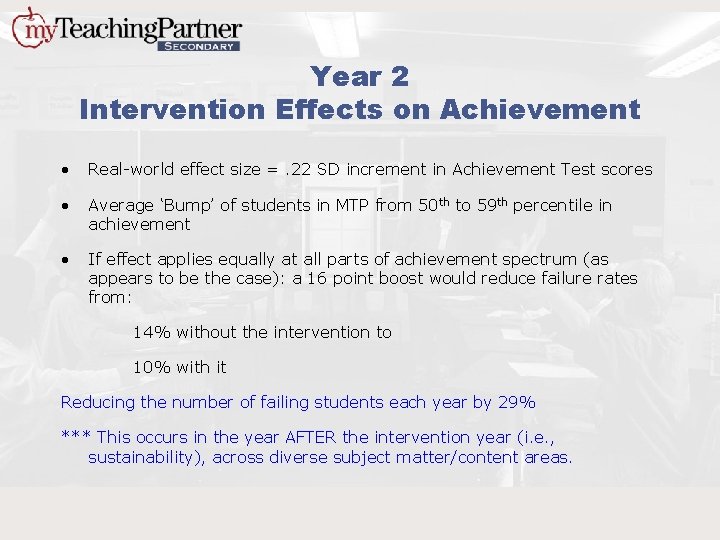 Year 2 Intervention Effects on Achievement • Real-world effect size =. 22 SD increment