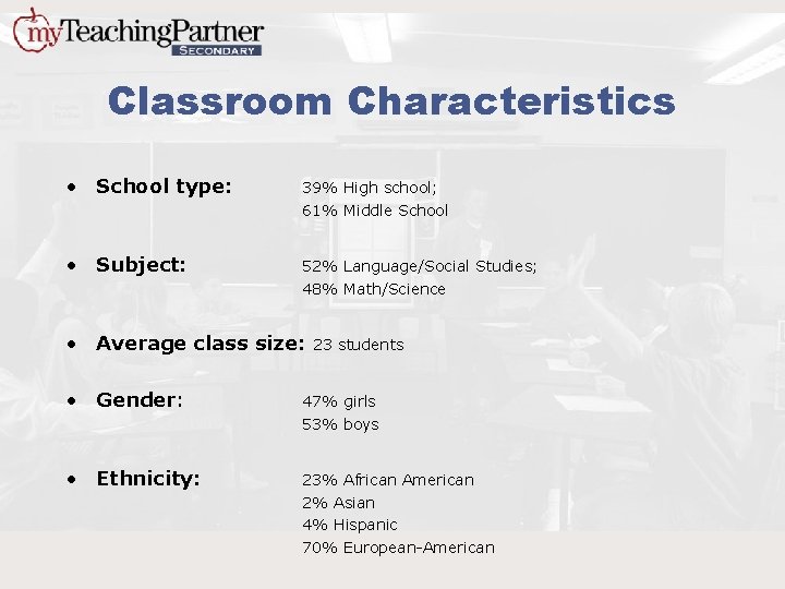 Classroom Characteristics • School type: 39% High school; 61% Middle School • Subject: 52%