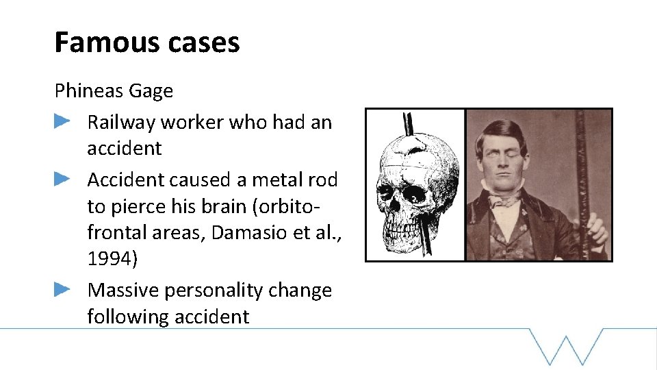 Famous cases Phineas Gage Railway worker who had an accident Accident caused a metal