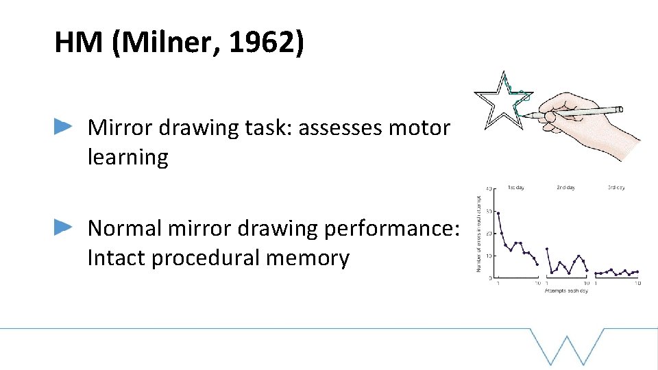 HM (Milner, 1962) Mirror drawing task: assesses motor learning Normal mirror drawing performance: Intact