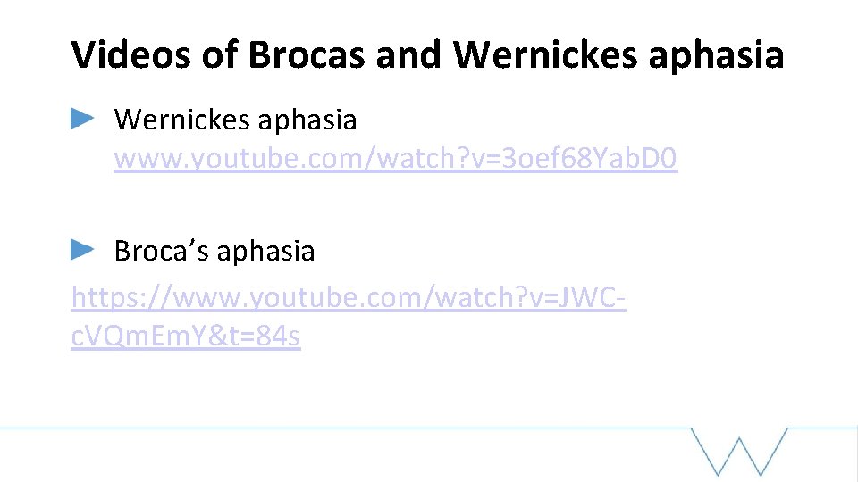 Videos of Brocas and Wernickes aphasia www. youtube. com/watch? v=3 oef 68 Yab. D