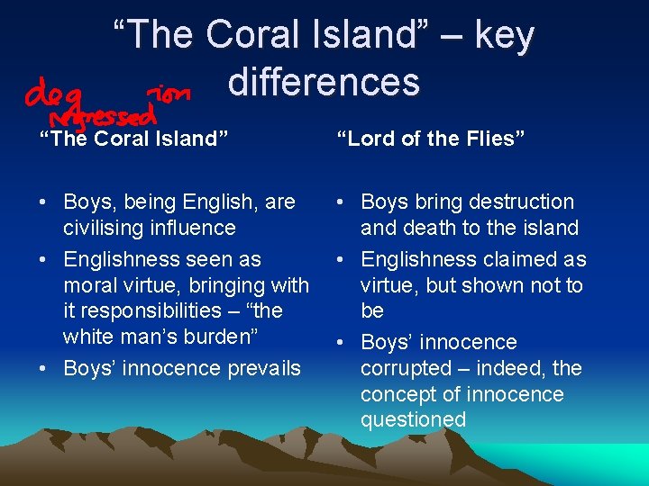 “The Coral Island” – key differences “The Coral Island” “Lord of the Flies” •