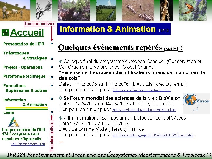 Touches actives Accueil Présentation de l’IFR Quelques évènements repérés (suite) : Thématiques & Stratégies