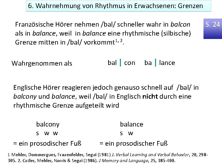 6. Wahrnehmung von Rhythmus in Erwachsenen: Grenzen Französische Hörer nehmen /bal/ schneller wahr in