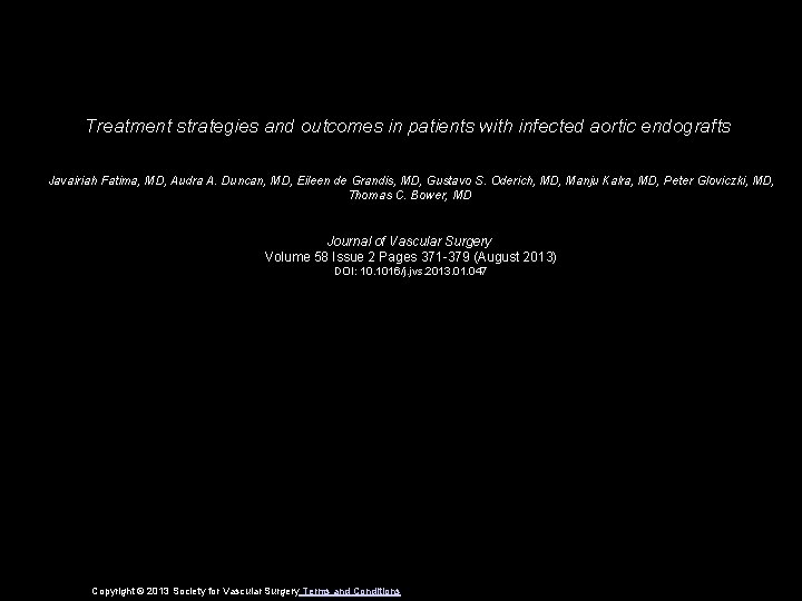 Treatment strategies and outcomes in patients with infected aortic endografts Javairiah Fatima, MD, Audra