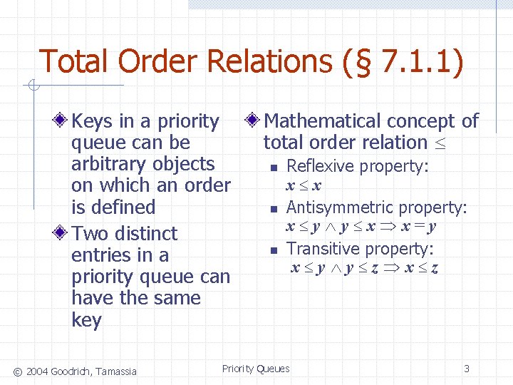 Total Order Relations (§ 7. 1. 1) Keys in a priority queue can be