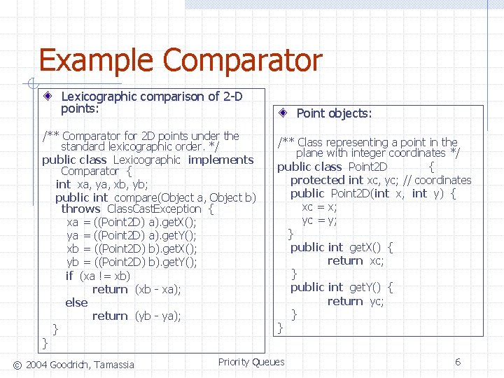 Example Comparator Lexicographic comparison of 2 -D points: /** Comparator for 2 D points