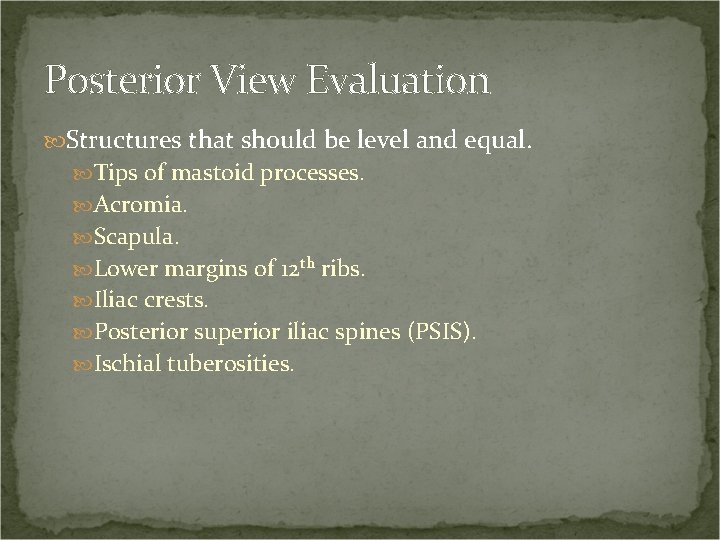 Posterior View Evaluation Structures that should be level and equal. Tips of mastoid processes.