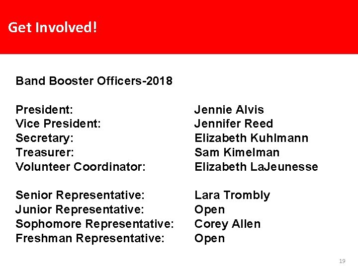 Get Involved! Band Booster Officers-2018 President: Vice President: Secretary: Treasurer: Volunteer Coordinator: Jennie Alvis
