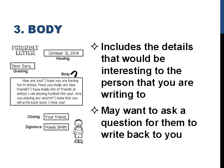 3. BODY ² Includes the details that would be interesting to the person that