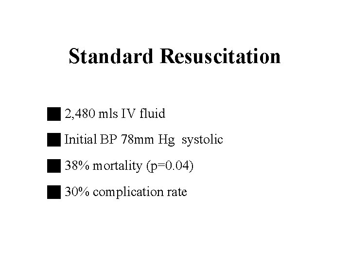 Standard Resuscitation g 2, 480 mls IV fluid g Initial BP 78 mm Hg