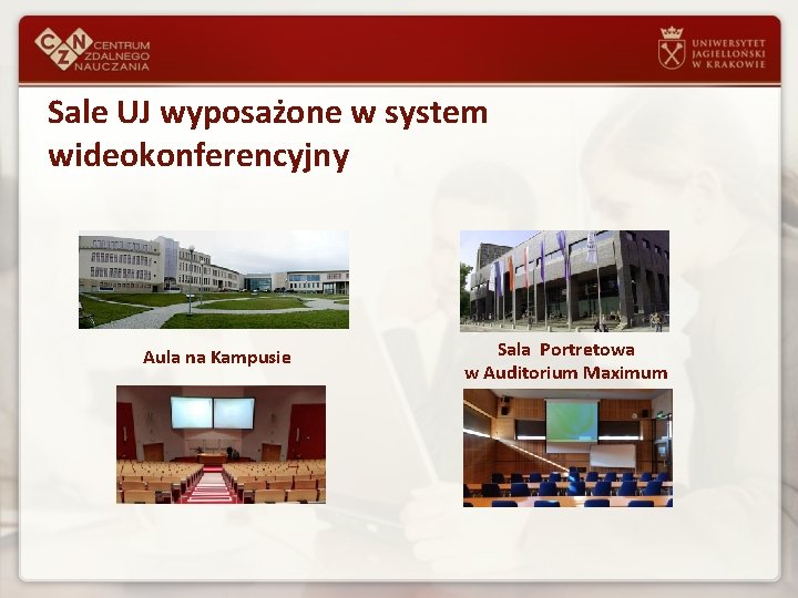 Sale UJ wyposażone w system wideokonferencyjny Aula na Kampusie Sala Portretowa w Auditorium Maximum