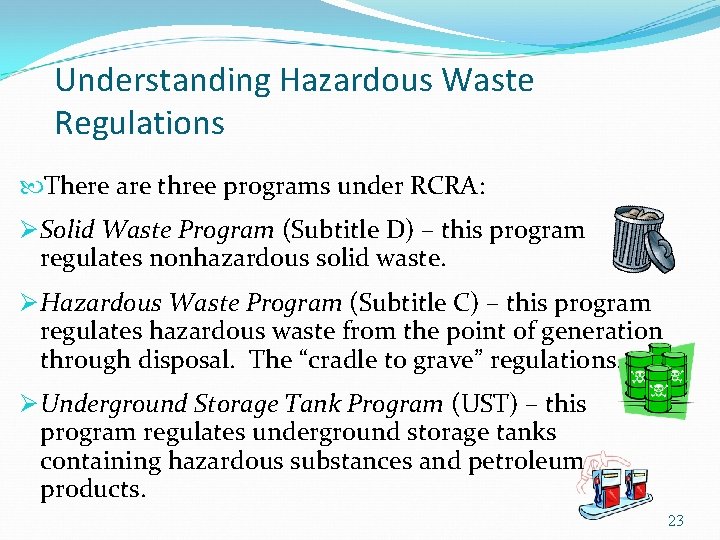 Understanding Hazardous Waste Regulations There are three programs under RCRA: Ø Solid Waste Program
