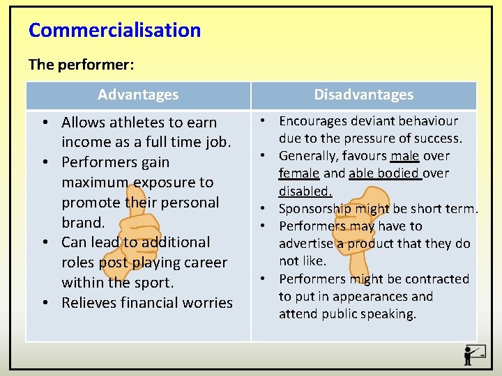 Commercialisation The performer: Advantages • Allows athletes to earn income as a full time