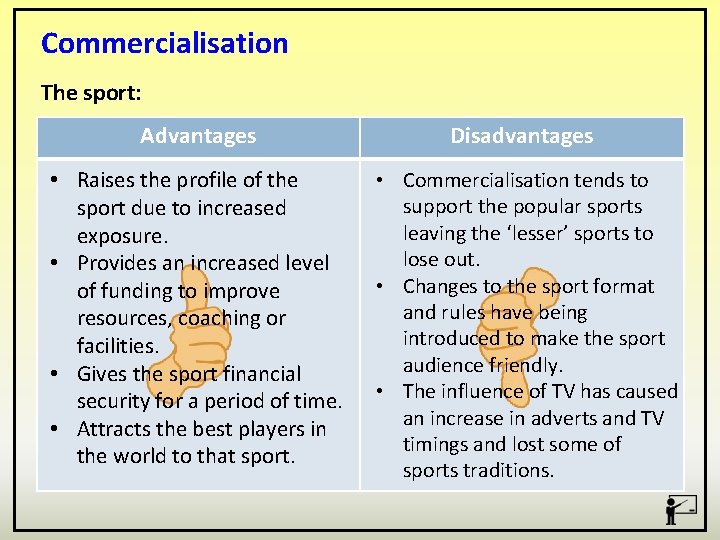 Commercialisation The sport: Advantages • Raises the profile of the sport due to increased