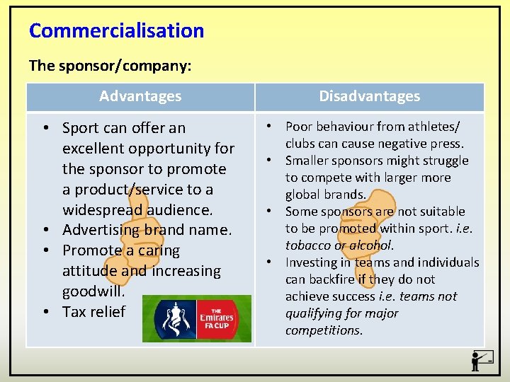 Commercialisation The sponsor/company: Advantages • Sport can offer an excellent opportunity for the sponsor