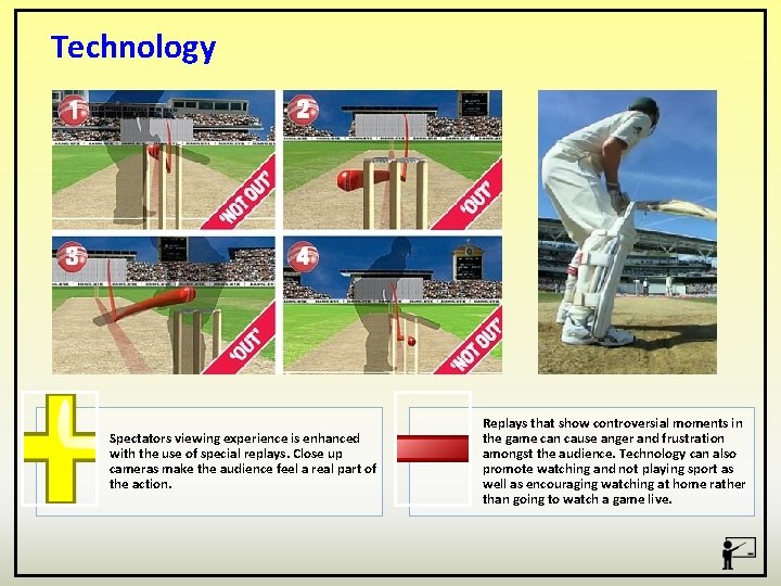 Technology Spectators viewing experience is enhanced with the use of special replays. Close up