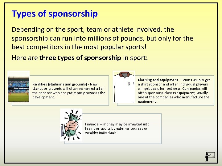 Types of sponsorship Depending on the sport, team or athlete involved, the sponsorship can
