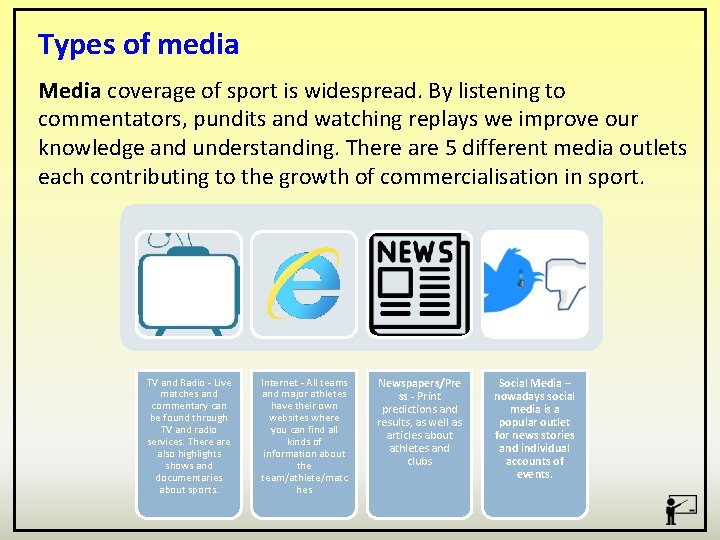 Types of media Media coverage of sport is widespread. By listening to commentators, pundits