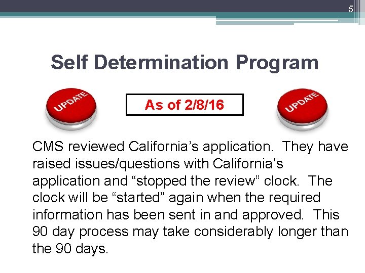 5 Self Determination Program As of 2/8/16 CMS reviewed California’s application. They have raised