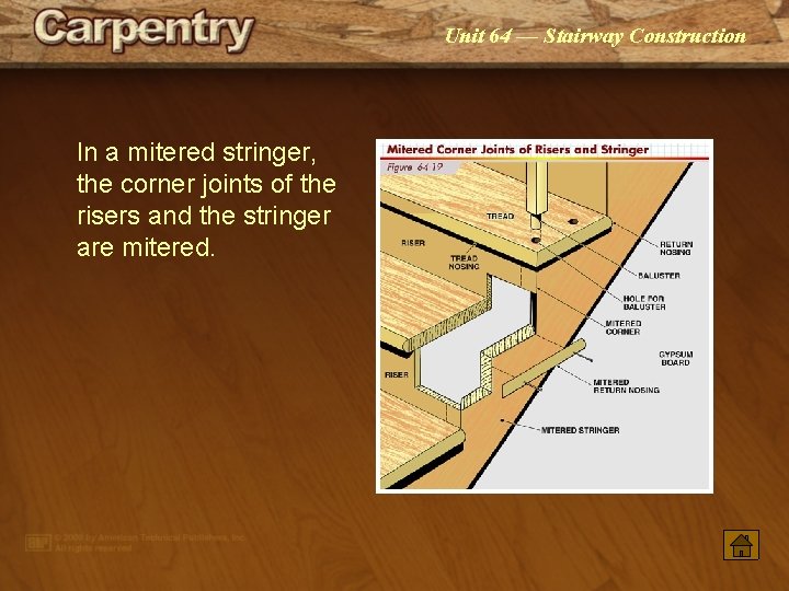 Unit 64 — Stairway Construction In a mitered stringer, the corner joints of the