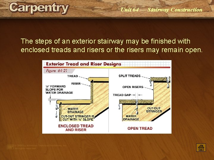 Unit 64 — Stairway Construction The steps of an exterior stairway may be finished