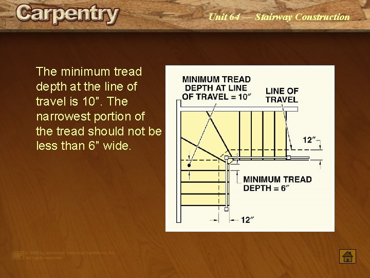 Unit 64 — Stairway Construction The minimum tread depth at the line of travel