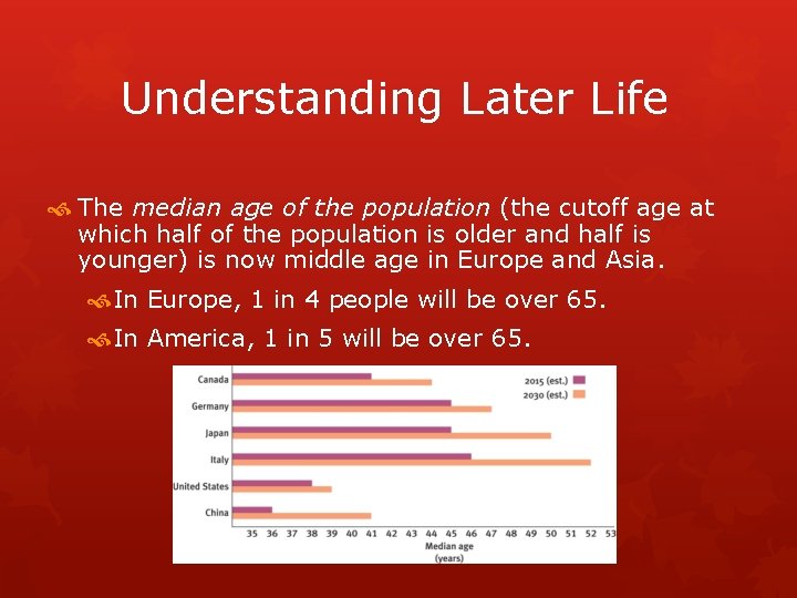 Understanding Later Life The median age of the population (the cutoff age at which