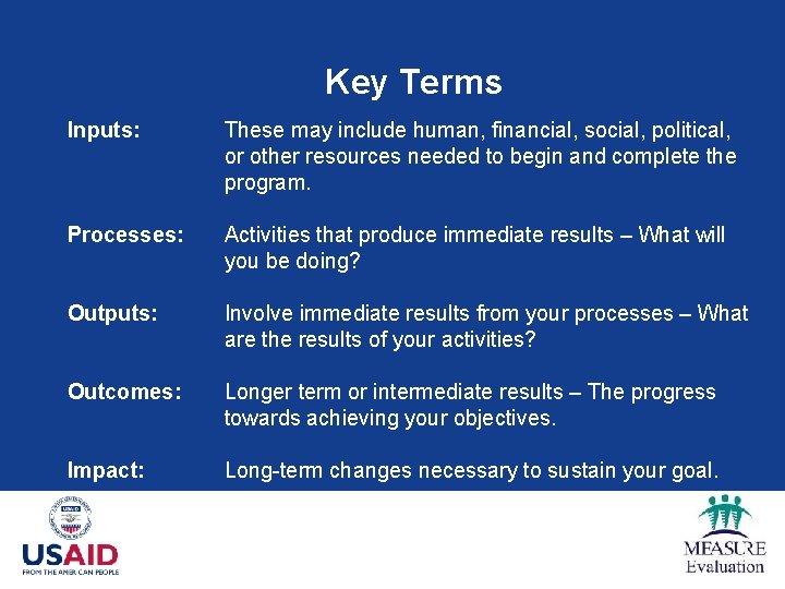 Key Terms Inputs: These may include human, financial, social, political, or other resources needed