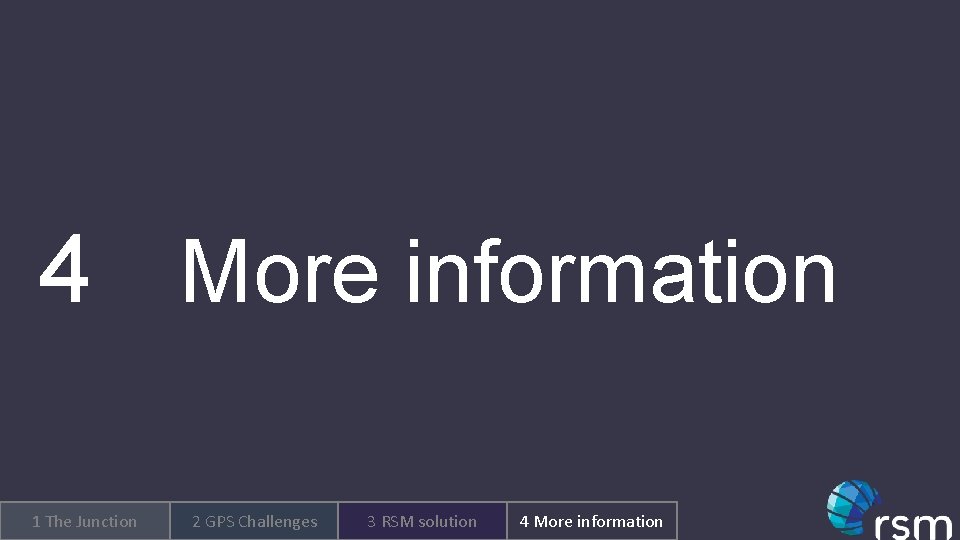 4 More information 1 The Junction 2 GPS Challenges 3 RSM solution 4 More