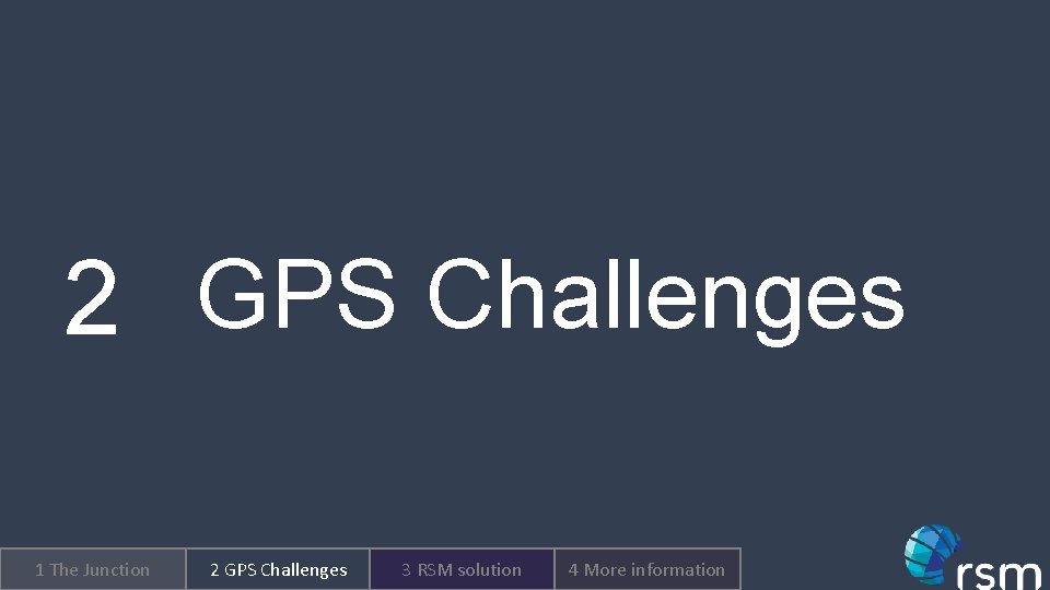 2 GPS Challenges 1 The Junction 2 GPS Challenges 3 RSM solution 4 More