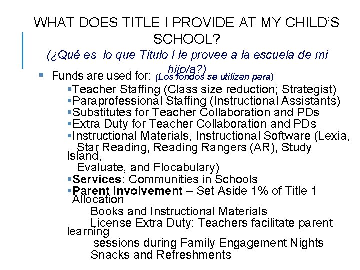 WHAT DOES TITLE I PROVIDE AT MY CHILD’S SCHOOL? (¿Qué es lo que Titulo