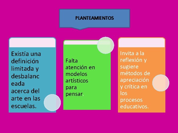 PLANTEAMIENTOS Existía una definición limitada y desbalanc eada acerca del arte en las escuelas.