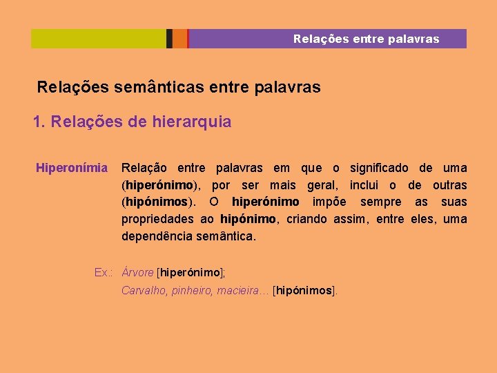 Relações entre palavras Relações semânticas entre palavras 1. Relações de hierarquia Hiperonímia Relação entre