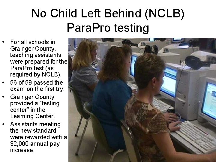 No Child Left Behind (NCLB) Para. Pro testing • For all schools in Grainger