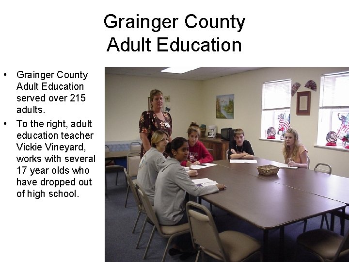 Grainger County Adult Education • Grainger County Adult Education served over 215 adults. •