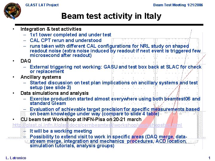 GLAST LAT Project Beam Test Meeting 1/21/2006 Beam test activity in Italy • Integration