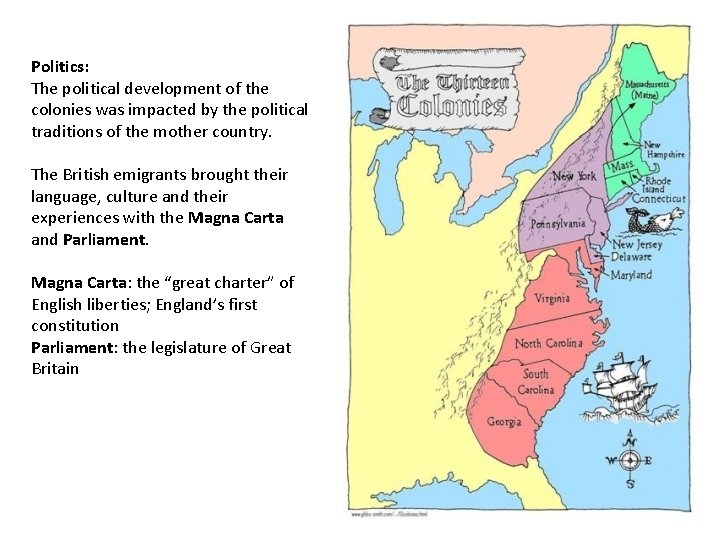 Politics: The political development of the colonies was impacted by the political traditions of