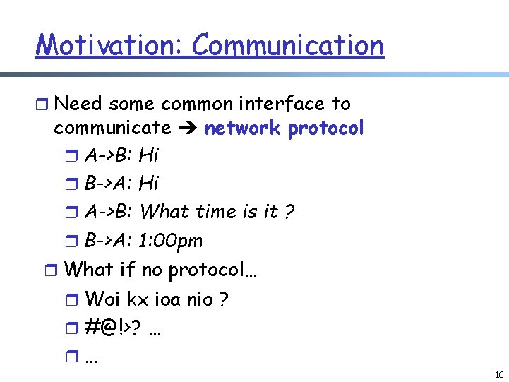 Motivation: Communication r Need some common interface to communicate network protocol r A->B: Hi Motivation: Communication r Need some common interface to communicate network protocol r A->B: Hi