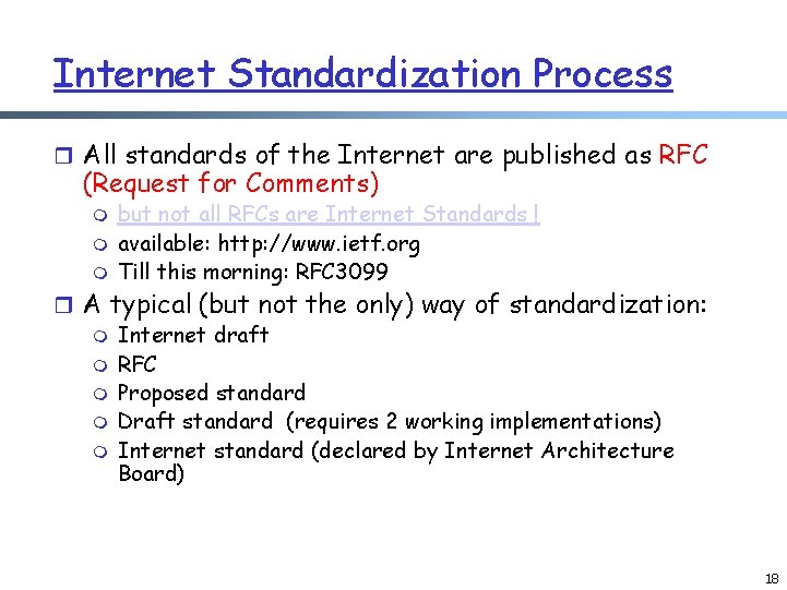 Internet Standardization Process r All standards of the Internet are published as RFC (Request Internet Standardization Process r All standards of the Internet are published as RFC (Request