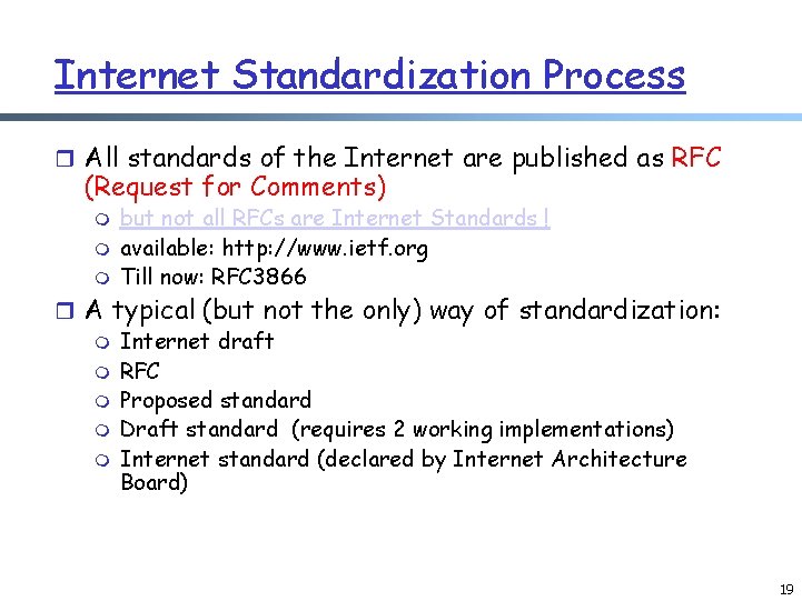 Internet Standardization Process r All standards of the Internet are published as RFC (Request Internet Standardization Process r All standards of the Internet are published as RFC (Request