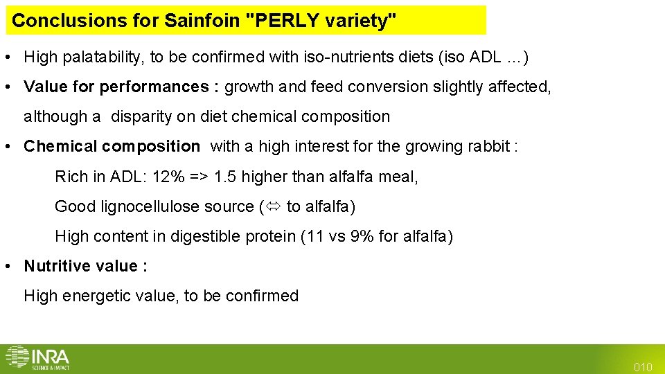 Conclusions for Sainfoin "PERLY variety" • High palatability, to be confirmed with iso-nutrients diets Conclusions for Sainfoin "PERLY variety" • High palatability, to be confirmed with iso-nutrients diets