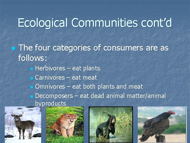 Ecological Communities cont’d n The four categories of consumers are as follows: Herbivores –