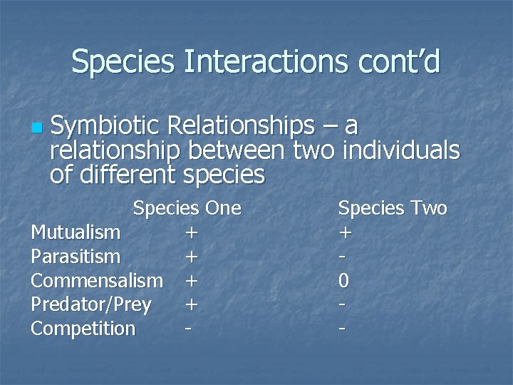 Species Interactions cont’d n Symbiotic Relationships – a relationship between two individuals of different