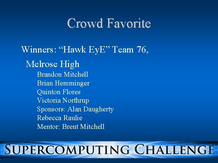 Crowd Favorite Winners: “Hawk Ey. E” Team 76, Melrose High Brandon Mitchell Brian Hemminger Crowd Favorite Winners: “Hawk Ey. E” Team 76, Melrose High Brandon Mitchell Brian Hemminger